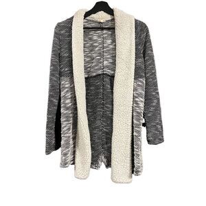En Crème | Marled Open Front Cardigan Sweater Black White Sherpa Vegan Lambs Woo